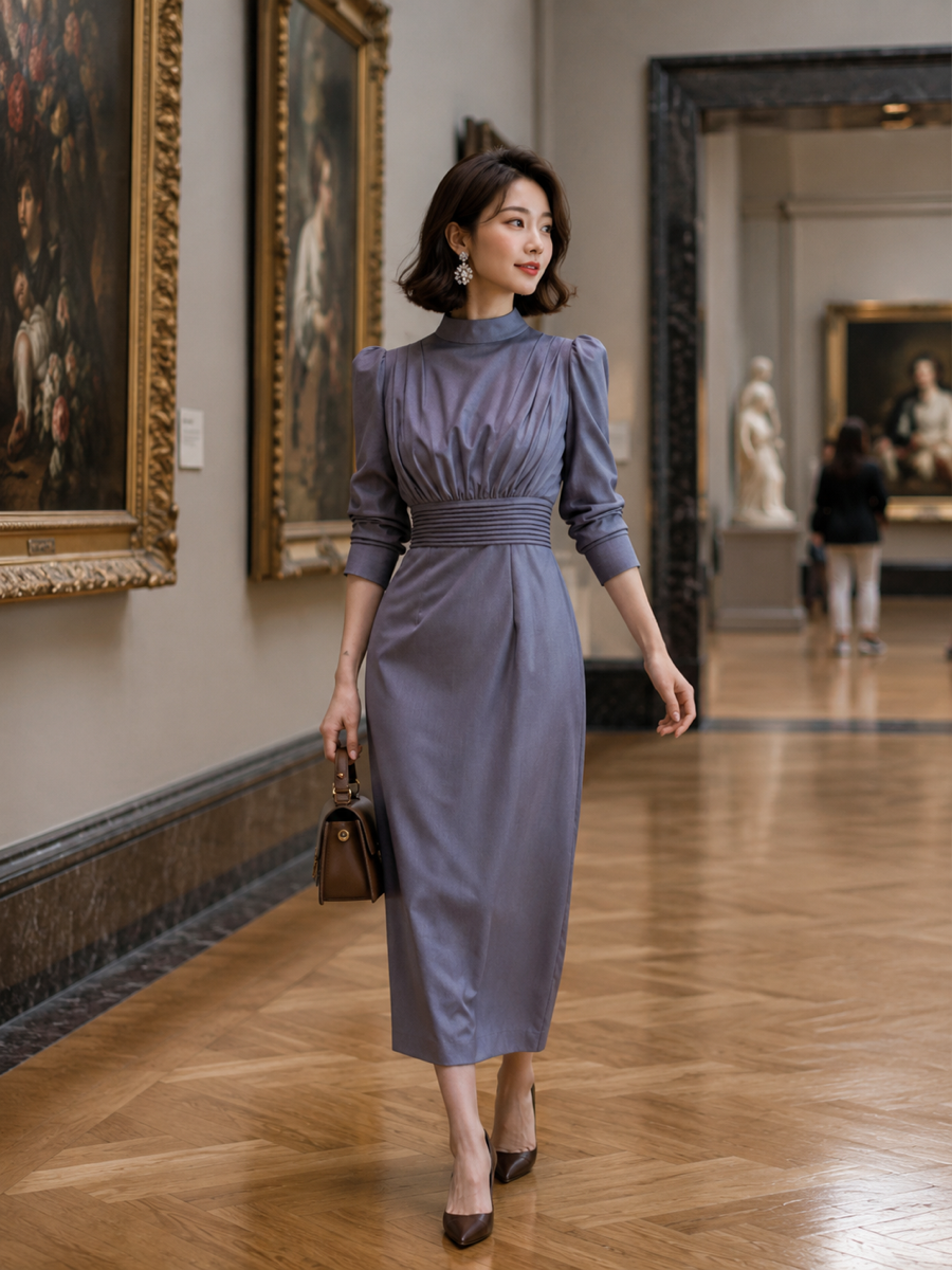 エレガント ハイネックウエストマークワンピース|長袖・ミモレ丈・きれいめフォーマル