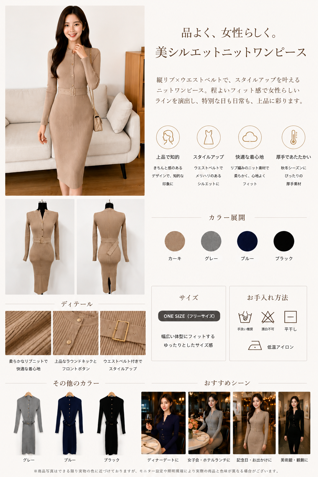 Élégance Line|ベルト付き美シルエットリブニットワンピース