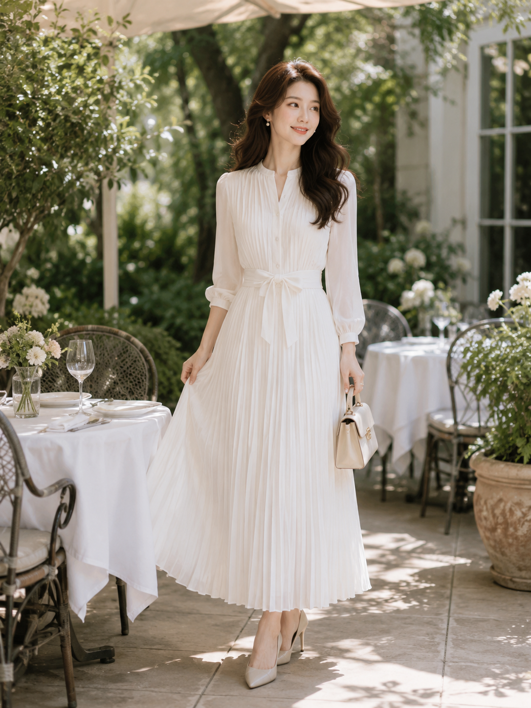 【細見え×上品】シフォンプリーツロングワンピース｜Vネック・ウエストリボン・七分袖