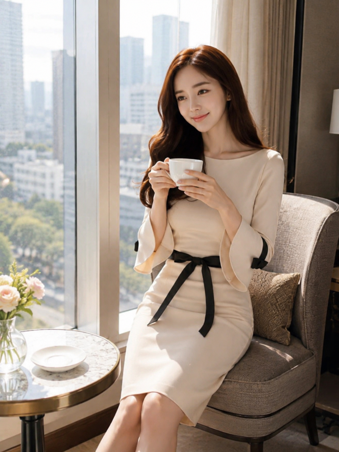 【上品な美シルエット】配色リボン タイトワンピース｜ベルスリーブ・バックスリット・韓国風エレガント
