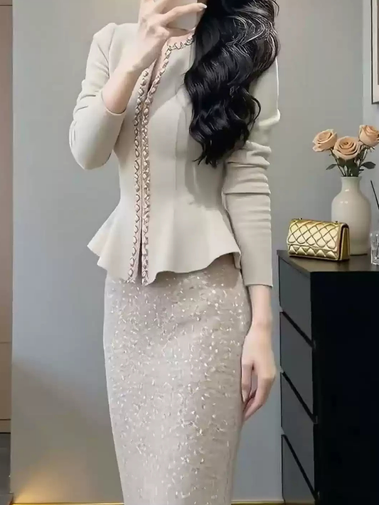 パールライン ペプラムトップス＆スパンコールロングスカート セットアップ｜結婚式・パーティー・フォーマル