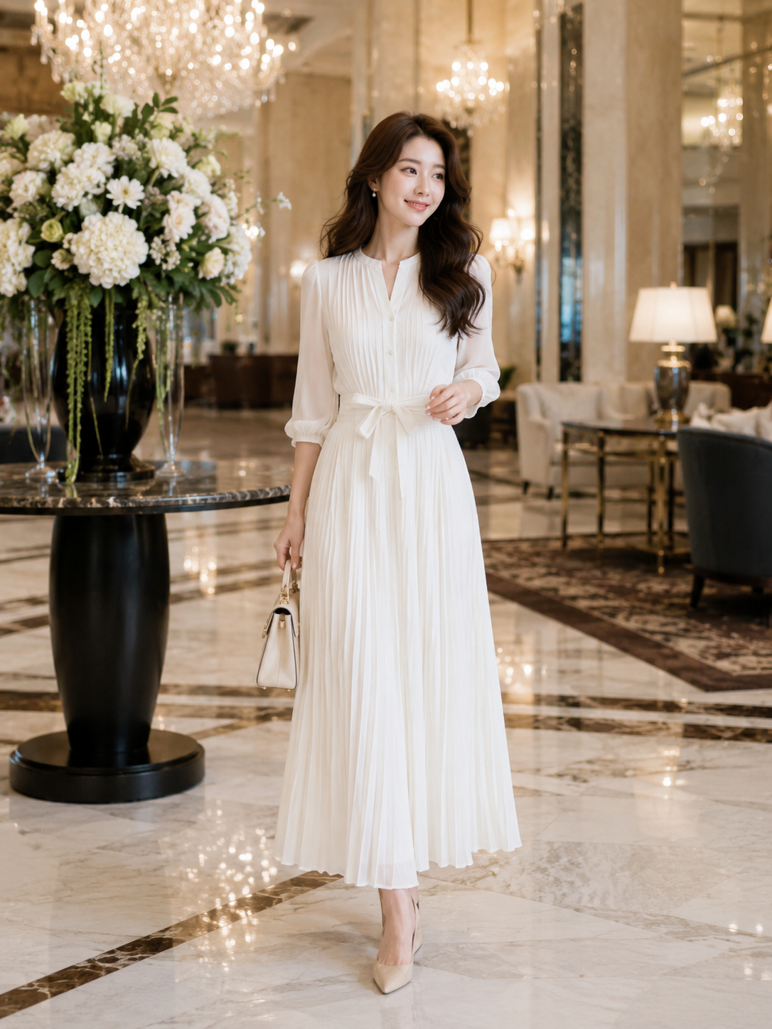【細見え×上品】シフォンプリーツロングワンピース｜Vネック・ウエストリボン・七分袖
