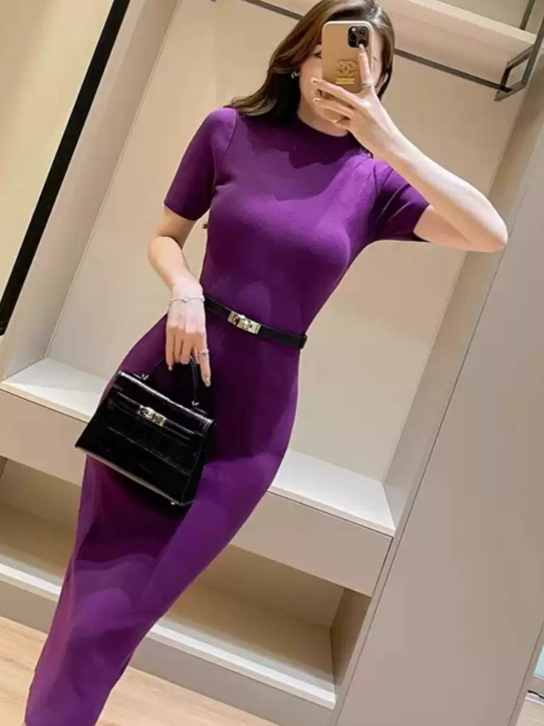 美シルエット ニットタイトワンピース｜半袖 ハイウエスト ミモレ丈 オフィス 通勤 上品 レディース