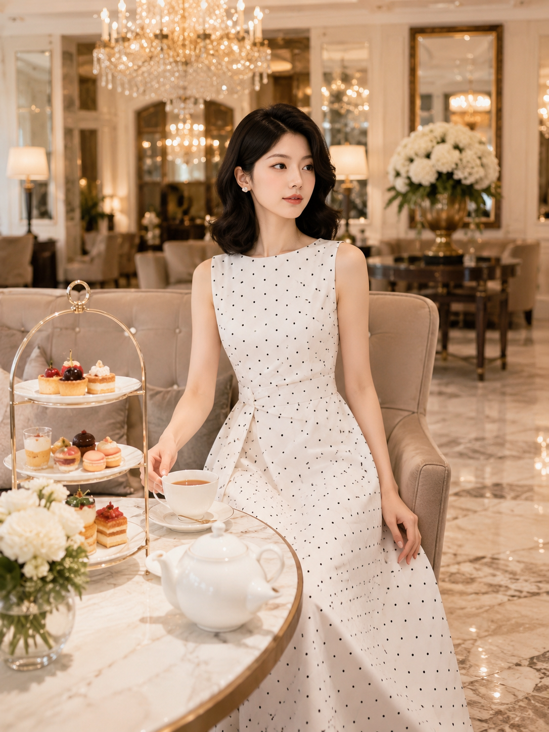 上品なドット柄と美しいシルエットで、大人フェミニンを叶える一着。フレンチドット ウエストリボン ノースリーブワンピース