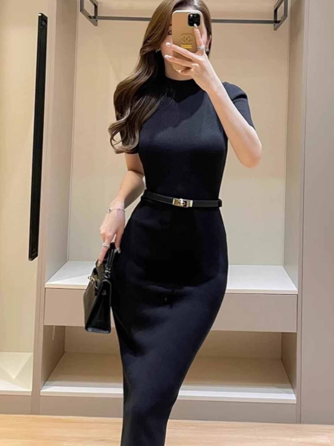 美シルエット ニットタイトワンピース｜半袖 ハイウエスト ミモレ丈 オフィス 通勤 上品 レディース