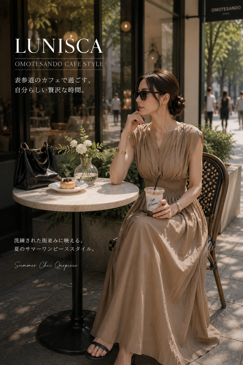 【美シルエット】ウエストシャーリング ロングワンピース｜Vネック・フレンチスリーブ・Aライン