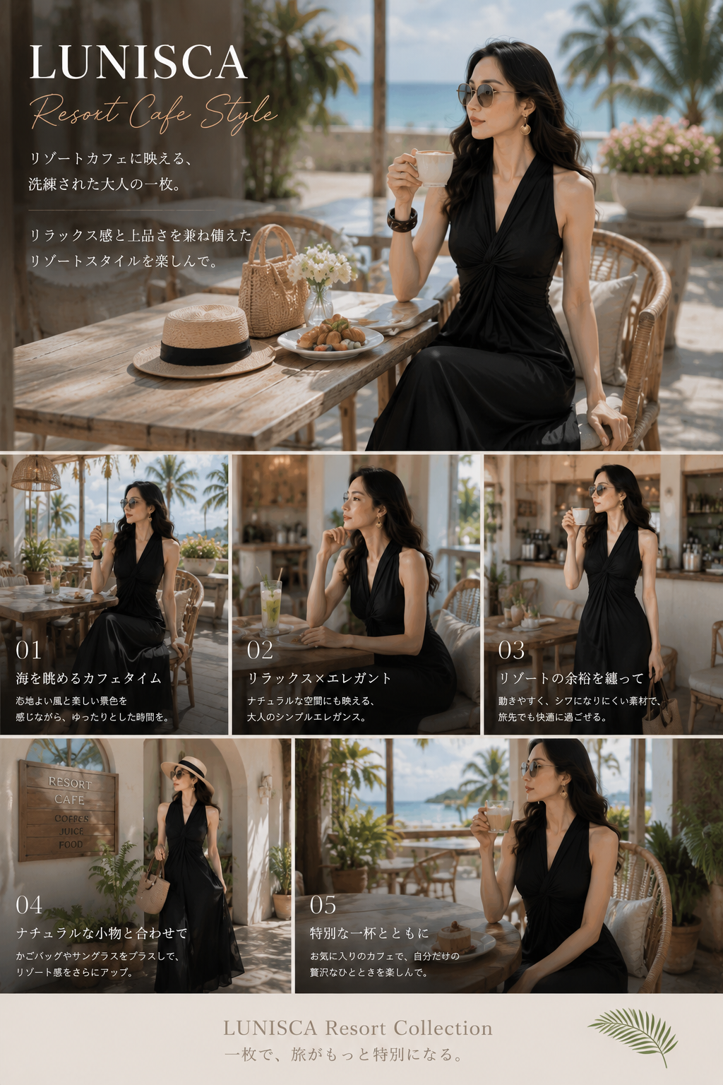 旅先でも品よく映える、大人のリゾートドレス　ドレープホルターネック ロングワンピース