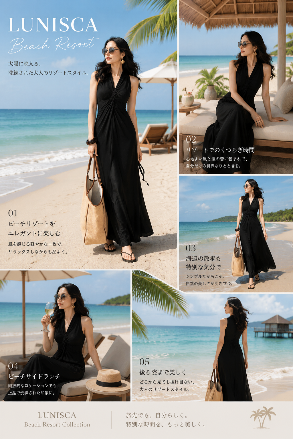 旅先でも品よく映える、大人のリゾートドレス　ドレープホルターネック ロングワンピース