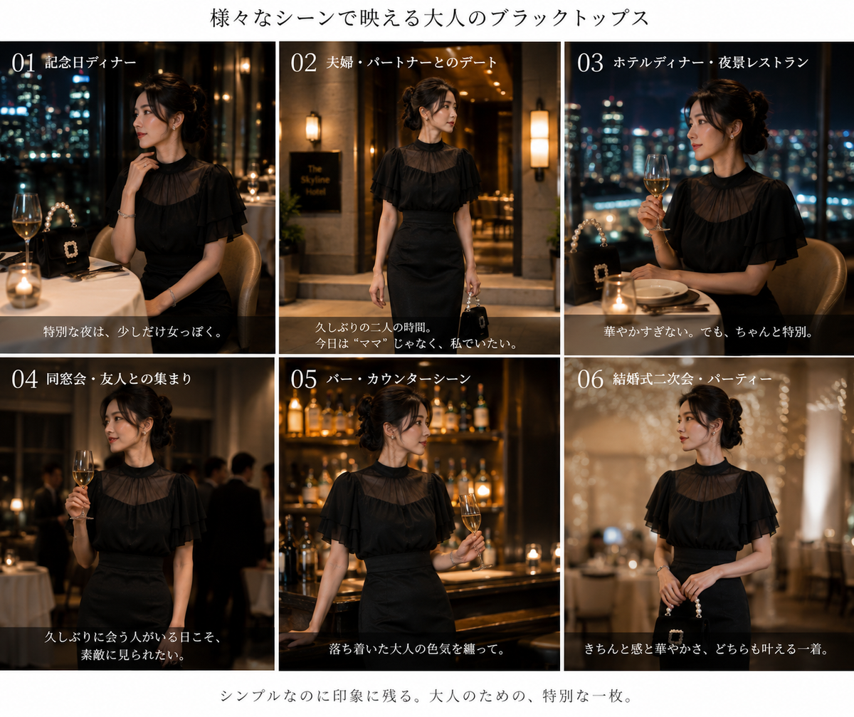 シアーネック フリル ブラックドレス