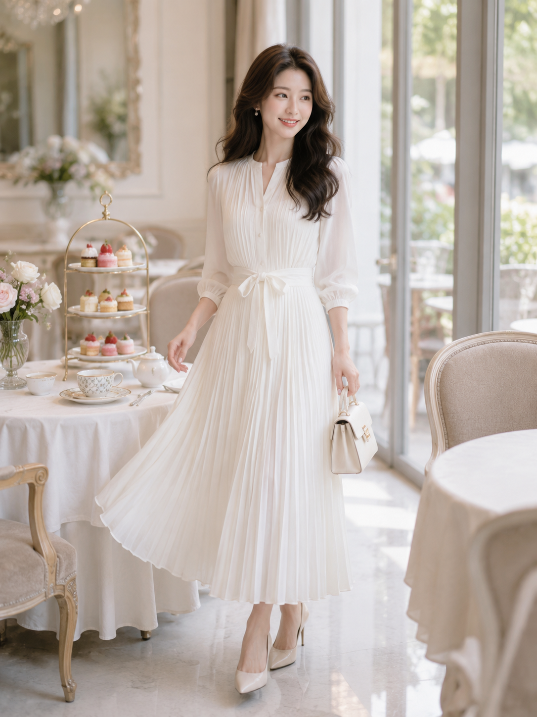 【細見え×上品】シフォンプリーツロングワンピース｜Vネック・ウエストリボン・七分袖