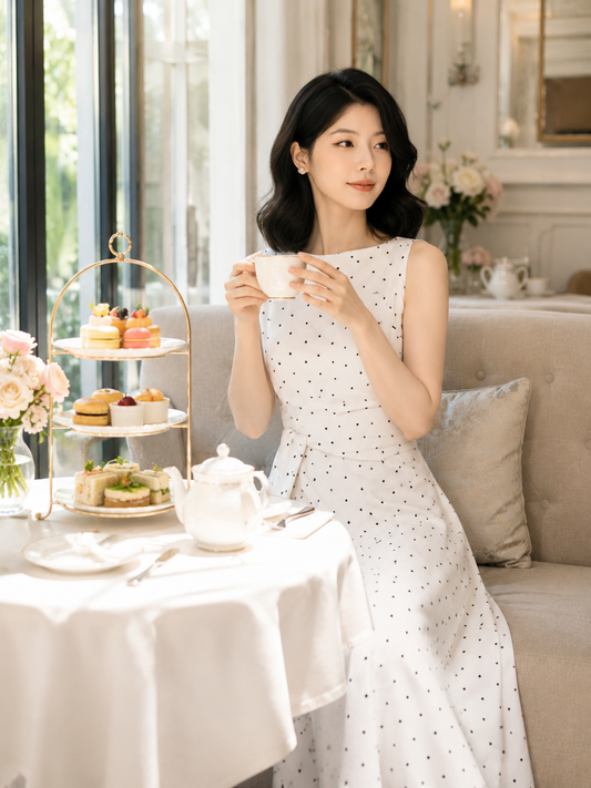 上品なドット柄と美しいシルエットで、大人フェミニンを叶える一着。フレンチドット ウエストリボン ノースリーブワンピース