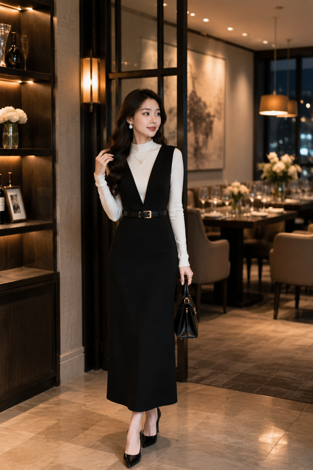 大人の美シルエット ベルト付きVネックロングワンピース｜ホテルランチ・会食・お呼ばれコーデ