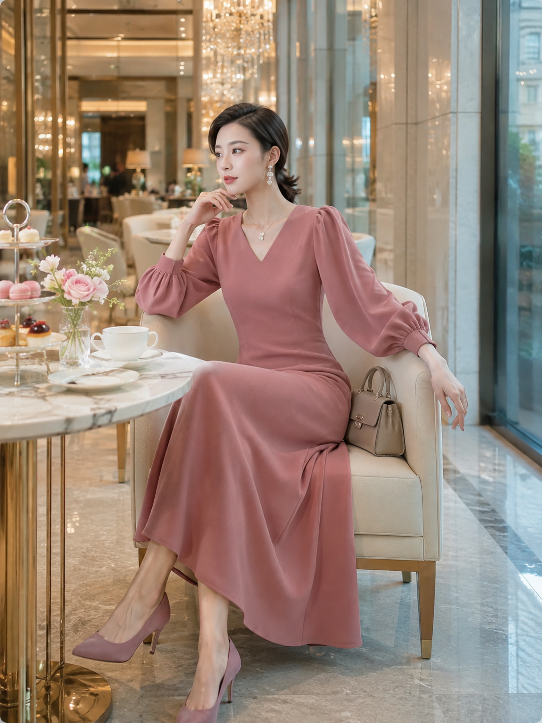 好印象Vネック ロングフレアワンピース