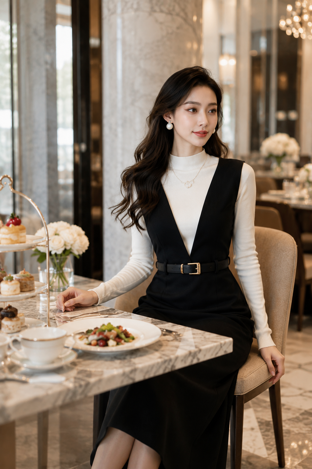 大人の美シルエット ベルト付きVネックロングワンピース｜ホテルランチ・会食・お呼ばれコーデ
