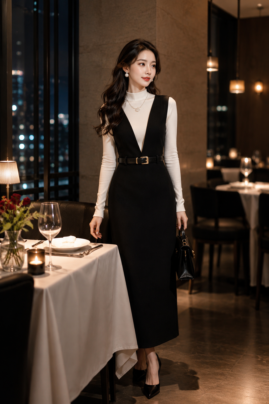 大人の美シルエット ベルト付きVネックロングワンピース｜ホテルランチ・会食・お呼ばれコーデ
