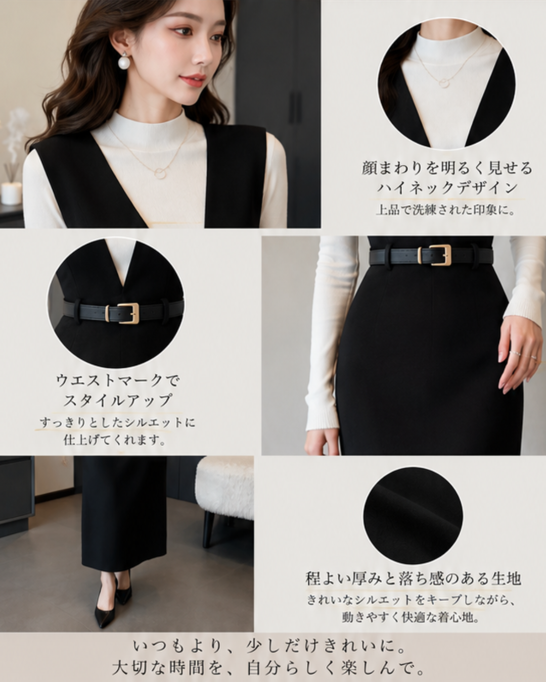 大人の美シルエット ベルト付きVネックロングワンピース｜ホテルランチ・会食・お呼ばれコーデ